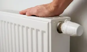 Dłoń na grzejniku sprawdza temperaturę. Nowoczesne ogrzewanie indukcyjne domu zapewnia komfort cieplny.