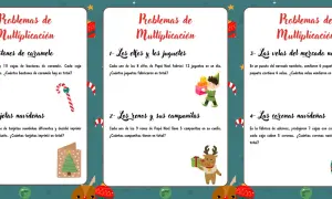 Problemas de multiplicación navideña: elfos, renos, bastones de caramelo, velas y coronas.