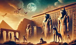 Monumentala statyer och hieroglyfer vittnar om egyptisk mytologi under en stjärnklar himmel med en stor måne.