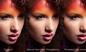 Porównanie retuszu skóry: oryginał, Retouch 4me i wygładzanie skóry w Photoshopie. AI Photoshop wygładza niedoskonałości.