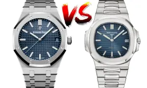 Audemars Piguet vs Patek Philippe: dos relojes de lujo icónicos, ambos con esferas azules y brazaletes de acero.