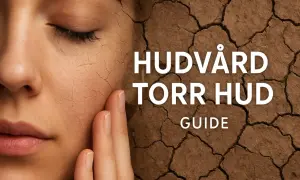 En närbild av ett ansikte med torr, sprucken hud som liknar uttorkad jord. Texten "HUDVÅRD TORR HUD GUIDE" syns.