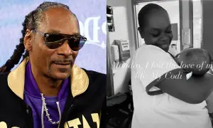Snoop Dogg obok zdjęcia kobiety tulącej noworodka. Widać, że Snoop Dogg ma dzieci, a zdjęcie po prawej to smutna wiadomość o stracie.