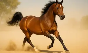 Piękny koń arabski galopuje przez pustynię, wzbijając piasek. Te szlachetne zwierzęta żyją długo, często ponad 25 lat.