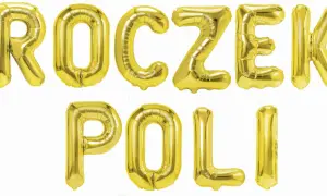 Złoty baner urodzinowy z napisem "Roczek Poli" z balonów.