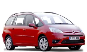 Czerwony Citroen C4 Grand Picasso 2.0 HDI, idealny na rodzinne wycieczki, z charakterystycznym logo Picasso na błotniku.