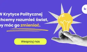 Dłoń trzymająca żarówkę symbolizującą pomysł, na fioletowym tle z tekstem.
