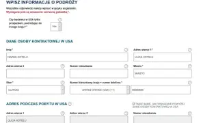 Formularz podróżny z polami do wpisania danych kontaktowych w USA, w tym adres, stan (Illinois) i numer telefonu.