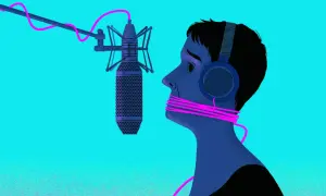 A person with headphones and a pink cord tied around their mouth faces a microphone, symbolizing the struggle of copyrighting your music.