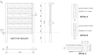 Rysunek techniczny ogrodzenia betonowego z widokiem frontowym i bocznym. Wymiary słupów betonowych 115x115mm, płyty 40mm.