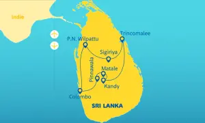 Mapa Sri Lanki z zaznaczonymi miejscami do zobaczenia: Colombo, Pinnawala, P.N. Wilpattu, Sigiriya, Matale, Kandy, Trincomalee.