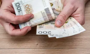 Dłonie trzymają polskie banknoty 100 i 200 zł. Może to być pomoc w opłaceniu rachunków, np. bon ciepłowniczy.
