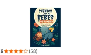 Ilustración de cuentos para bebés de 0 a 12 meses, con un elefante, mono y pájaro durmiendo.