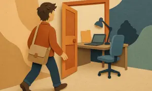 Un giovane con borsa a tracolla entra in un ufficio con scrivania, laptop e sedia. Si interroga su quanto guadagna un tirocinante.