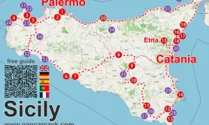 Mapa Sycylii z zaznaczonymi atrakcjami. Planujesz podróż i zastanawiasz się, co zobaczyć na Sycylii? Ta mapa pomoże Ci zaplanować trasę.