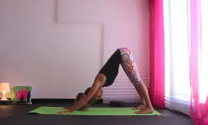 Donna in posizione di Urdhva Mukha Svanasana su un tappetino verde, con leggings colorati e uno sfondo rosa.