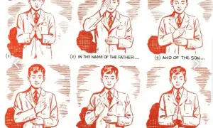 Ilustracja pokazuje chłopca w garniturze, jak uczy się przeżegnać. Kolejne etapy: złożone dłonie, dotknięcie czoła, klatki piersiowej, ramion i zakończenie modlitwy.