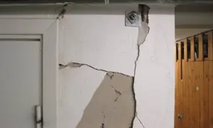 Stora sprickor i väggen visar behovet av att laga sprickor i grunden. En metallplatta med bult sitter fast i den spruckna väggen.