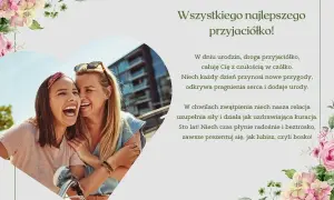 Wiersz dla najlepszej przyjaciółki: dwie uśmiechnięte kobiety, otoczone kwiatami, z życzeniami urodzinowymi.