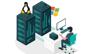 Osoba przy biurku zarządza serwerami, na jednym z nich siedzi pingwin Linux, obok powiewa flaga Windows. To obrazuje świat chmury, gdzie Azure Linux współistnieje z innymi technologiami.