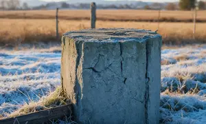 Pękające słupki ogrodzeniowe na mroźnym polu. Zamarznięta trawa i suche łodygi tworzą zimowy krajobraz.