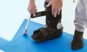 Persona si prepara a camminare con tutore caviglia, appoggiandosi a un bastone.