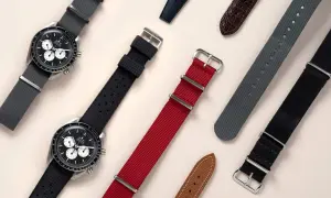 Variedad de tipos correa reloj: gris, negro de caucho, rojo, gris de nylon, negro de nylon y marrón de piel.