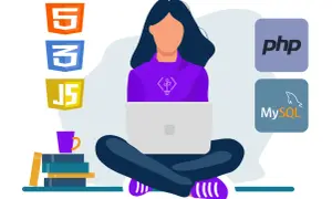 Une développeuse travaille sur son ordinateur portable, entourée des logos HTML5, CSS3, JavaScript, PHP et MySQL.