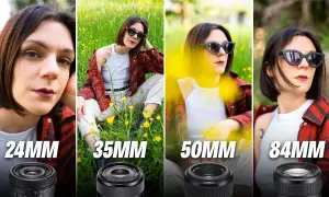 Confronto tra obiettivi: 24mm, 35mm, 50mm e 84mm. Il 50mm è ottimo per ritratti con sfondo sfocato.