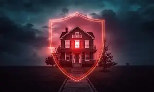Dom pod neonową tarczą symbolizującą ubezpieczenie mieszkania od ognia i innych zdarzeń losowych. Mroczne, burzowe niebo.