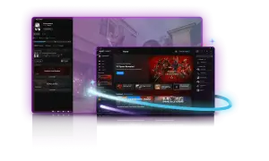 Interfejs Ubisoft Connect z grą Assassin's Creed Shadows na pierwszym planie. Widoczne menu profilu, lista znajomych i promocje.