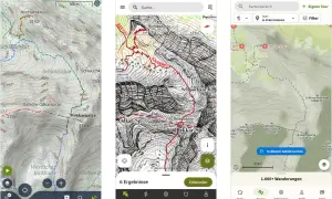 Eine Wanderrouten App zeigt detaillierte topografische Karten mit markierten Wegen und Gipfeln wie dem Hochalmkreuz.