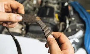Zużyty pasek rozrządu, który wymaga wymiany, w rękach mechanika.