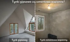 Dwa wnętrza z różnymi tynkami: po lewej tynk gipsowy, po prawej cementowo-wapienny.