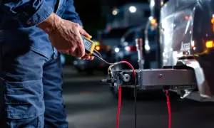 Vérification du retour de masse sur feux de remorque avec un multimètre. L'appareil indique 1.09V.