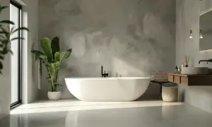 Un moderno bagno in resina con vasca freestanding, lavabo in pietra e dettagli in legno. Luce naturale inonda lo spazio.