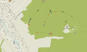 Mapa turystyczna z zaznaczoną trasą do jaskini i Zamku Chojnik.