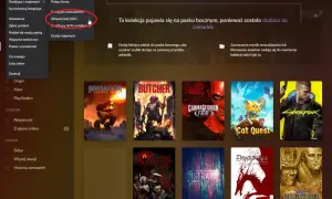 Menu GOG z opcją "Aktywuj kod GOG", obok lista gier: Brigador, Butcher, Carmageddon, Cat Quest, Cyberpunk 2077.