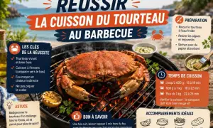 Un tourteau cuit au barbecue, avec des conseils pour réussir sa cuisson. Le texte indique "La cuisson du tourteau au barbecue".