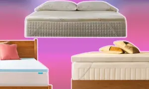 Exploring different types of mattress toppers: a plush white one with pillows, a blue one on a wooden bed, and a cream-colored one with decorative pillows.