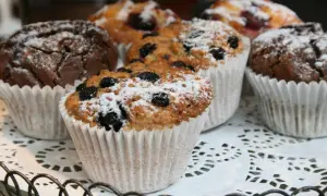 Muffins med blåbär och choklad, pudrade med florsocker. Bakpulver gör dem fluffiga och luftiga.