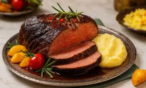 Zarter Schmorbraten mit Kartoffelpüree, Tomaten und Rosmarin auf einem Teller.
