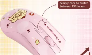 Ratón rosa con Pompompurin. El botón superior permite cambiar los niveles de DPI, ajustando la sensibilidad del cursor.