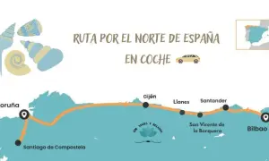 Mapa de una ruta en coche por el norte de España en verano, con paradas en La Coruña, Santiago de Compostela, Gijón, Llanes, Santander, San Vicente de la Barquera y Bilbao.