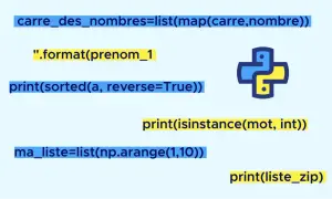 Code Python montrant l'utilisation de `map` pour créer une liste de carrés, trier une liste, et vérifier des types. Le logo Python est présent.