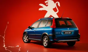 Niebieski Peugeot 206 SW z białym lwem na czerwonym tle.