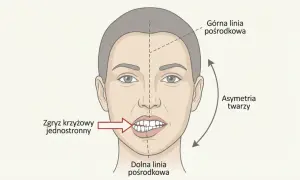 Ilustracja twarzy z zaznaczoną asymetrią i zgryzem krzyżowym jednostronnym. Widoczna jest nierówność dolnej części twarzy, wskazująca na problem z żuchwą.