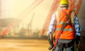 Budowlaniec w kasku i kamizelce odblaskowej, wyposażony w atestowane szelki bezpieczeństwa, gotowy do pracy na wysokości.