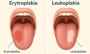 Dwa obrazy jamy ustnej: po lewej czerwona plama na języku (erytroplakia), po prawej biała plama (leukoplakia). Oba mogą być objawem raka języka.
