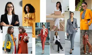 Kobiety w eleganckich stylizacjach casual business: garnitury, marynarki, spodnie. Różne kolory i wzory, od klasycznej czerni po jaskrawy pomarańcz.